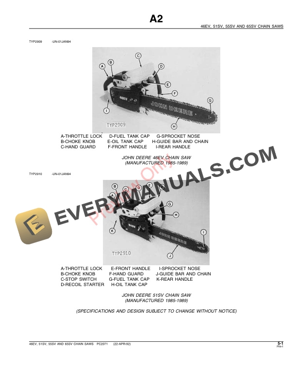 John Deere 46EV, 51SV, 55SV, 65SV Chain Saws Parts Catalog PC2071 22APR92-3