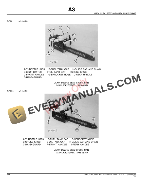 John Deere 46EV, 51SV, 55SV, 65SV Chain Saws Parts Catalog PC2071 22APR92-4