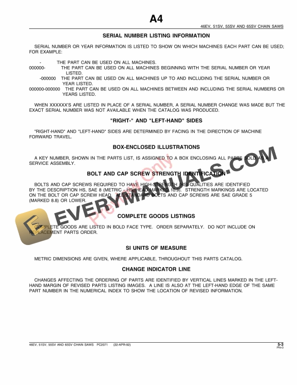 John Deere 46EV, 51SV, 55SV, 65SV Chain Saws Parts Catalog PC2071 22APR92-5