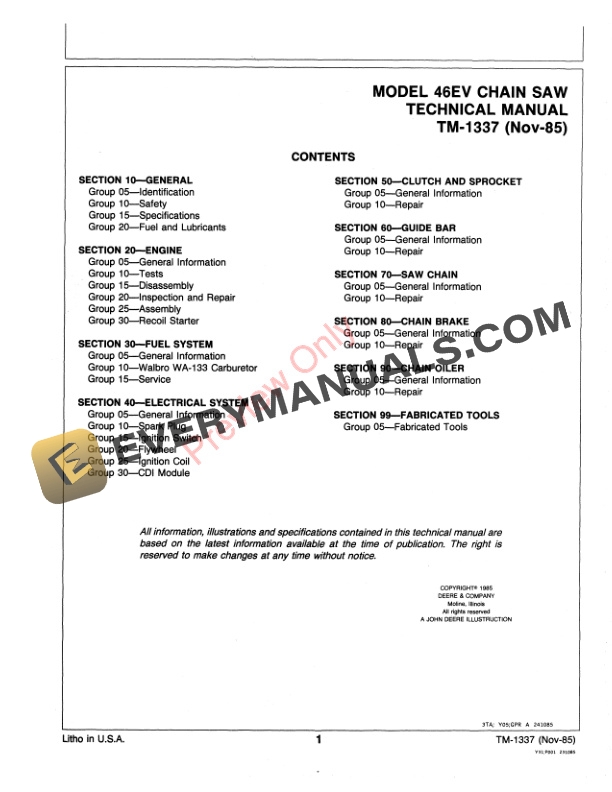 John Deere 46EV CHAIN SAW Technical Manual TM1337 01NOV85 3