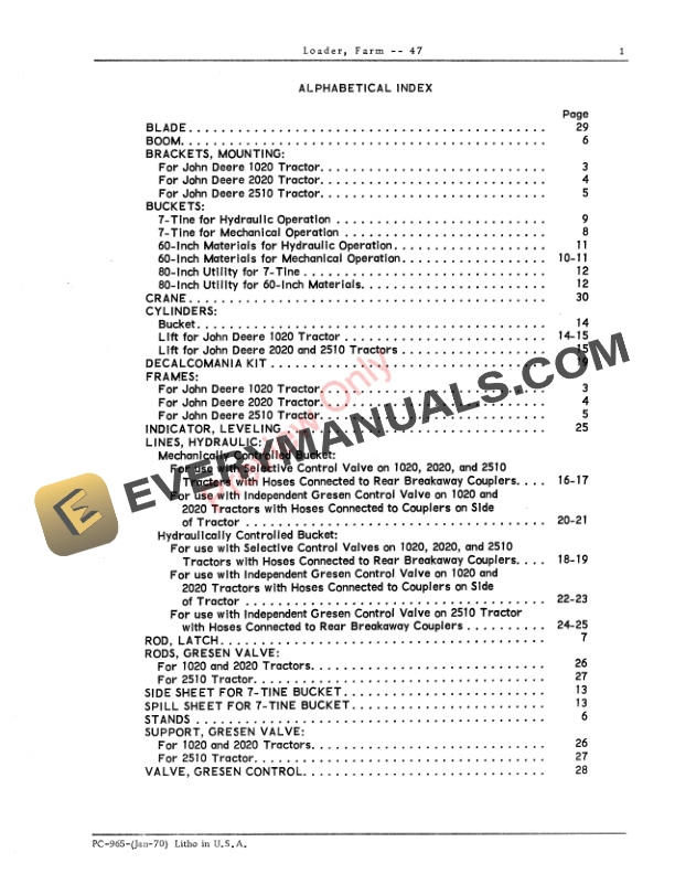 John Deere 47 Farm Loader Parts Catalog PC965 01JAN70-3