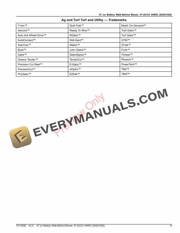 John Deere 47 cm Battery Walk-Behind Mower, 47-ACCU VARIO (SA521520) Parts Catalog PC14280 11MAR20-5