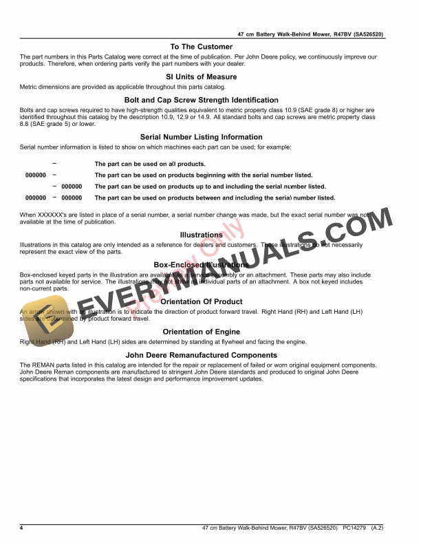 John Deere 47 cm Battery Walk-Behind Mower, R47BV (SA526520) Parts Catalog PC14279 06NOV20 5 John Deere 47 cm Battery Walk-Behind Mower, R47BV (SA526520) Parts Catalog PC14279 06NOV20-4