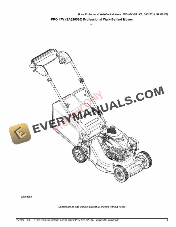 John Deere 47 cm Professional Walk-Behind Mower PRO 47V (SA1487, SA326519, SA326520) Parts Catalog PC4876 30JUN20-5
