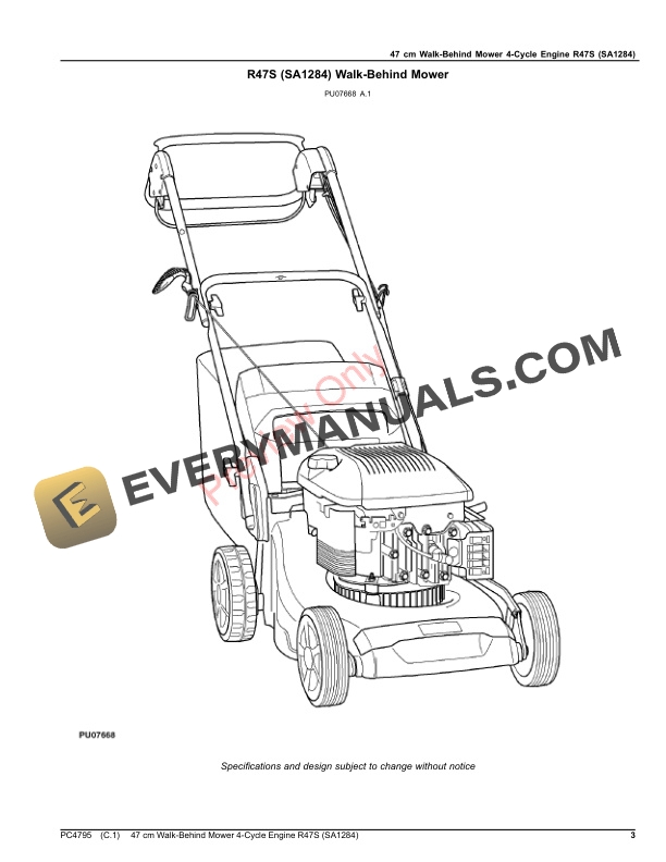 John Deere 47 cm Walk-Behind Mower 4-Cycle Engine, R47S (SA1284) Parts Catalog PC4795 27FEB19-3