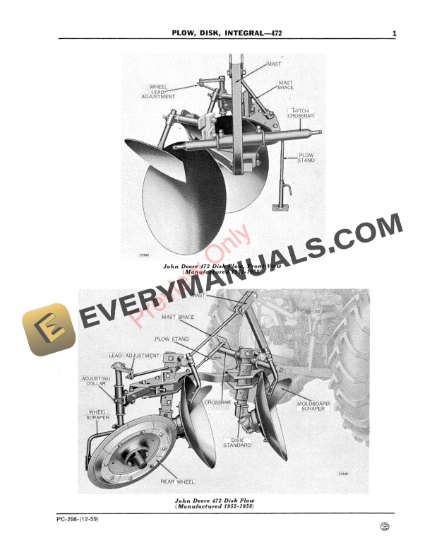 John Deere 472 Integral Disk Plow Parts Catalog PC298 01DEC59-3