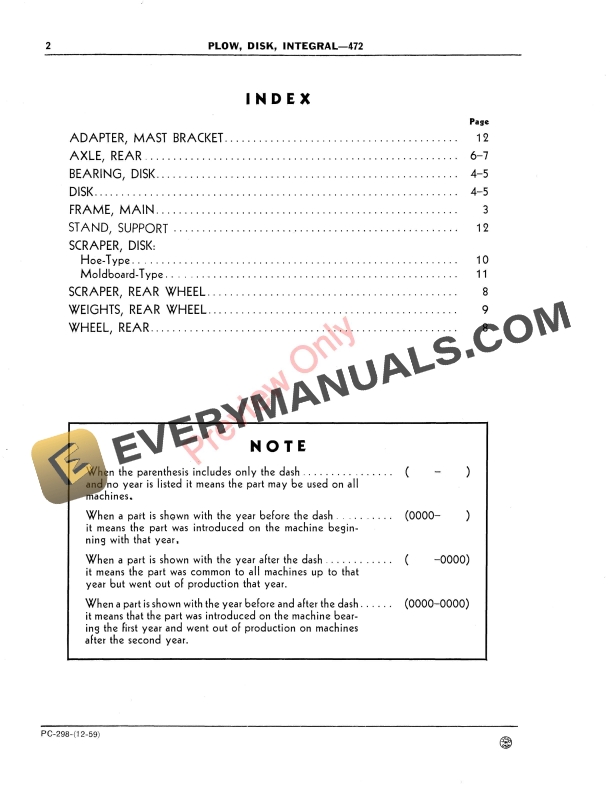 John Deere 472 Integral Disk Plow Parts Catalog PC298 01DEC59-4