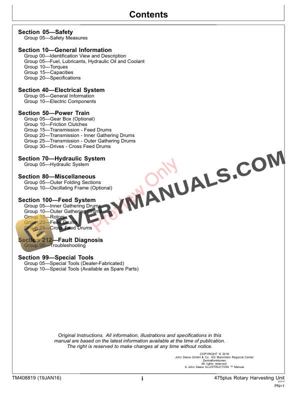 John Deere 475plus Rotary Harvesting Unit 000000 128911 Technical Manual TM408819 19JAN16 3