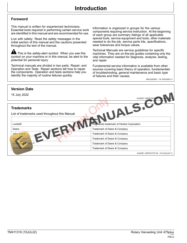 John Deere 475plus Rotary Harvesting Unit 128912 Technical Manual TM411319 15JUL22 2