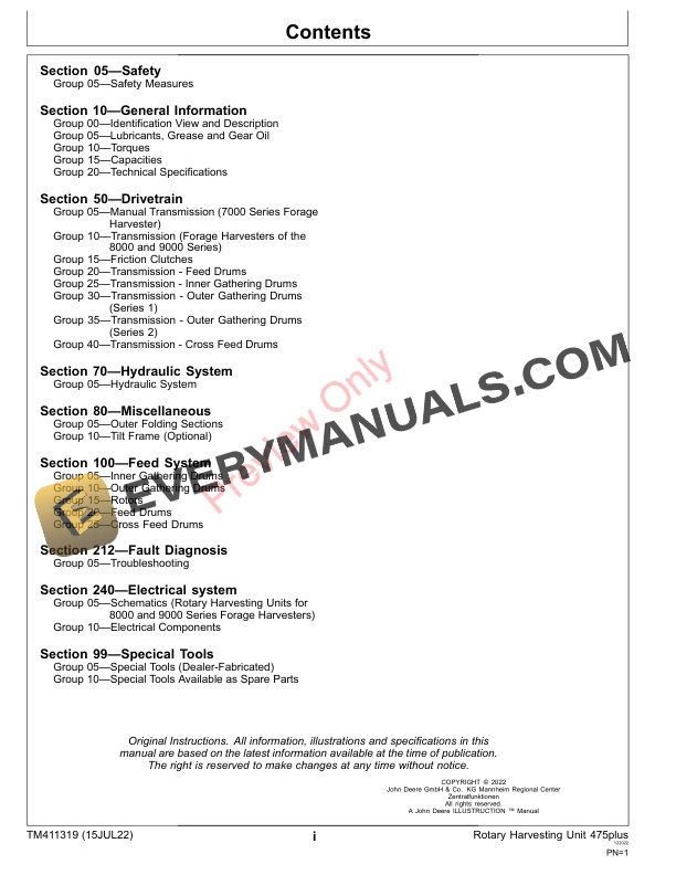 John Deere 475plus Rotary Harvesting Unit 128912 Technical Manual TM411319 15JUL22 3