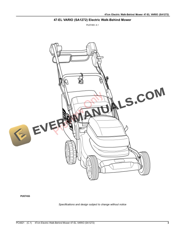 John Deere 47cm Electric Walk-Behind Mower, 47-EL VARIO (SA1272) Parts Catalog PC4821 27FEB19-3