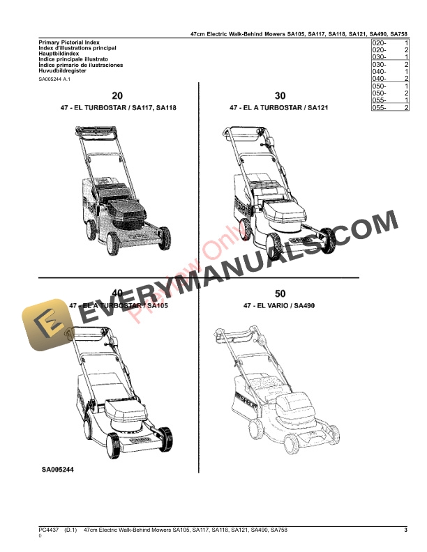 John Deere 47cm Electric Walk-Behind Mowers SA105, SA117, SA118, SA121, SA490, SA758 Parts Catalog PC4437 31DEC20-3
