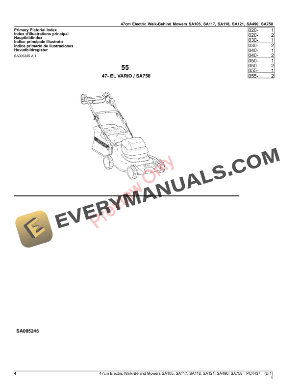 John Deere 47cm Electric Walk-Behind Mowers SA105, SA117, SA118, SA121, SA490, SA758 Parts Catalog PC4437 31DEC20-4