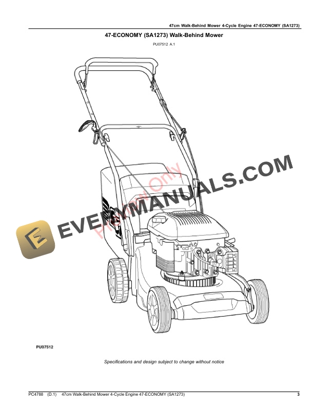 John Deere 47cm Walk-Behind Mower 4-Cycle Engine, 47-ECONOMY (SA1273) Parts Catalog PC4788 21JUL20-3