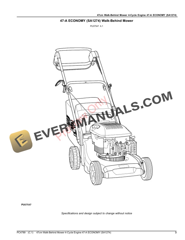 John Deere 47cm Walk-Behind Mower 4-Cycle Engine, 47 Parts Catalog PC4789 27FEB19 4 John Deere 47cm Walk-Behind Mower 4-Cycle Engine, 47 Parts Catalog PC4789 27FEB19-3