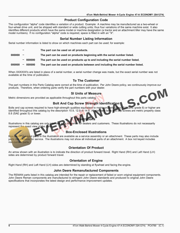 John Deere 47cm Walk-Behind Mower 4-Cycle Engine, 47 Parts Catalog PC4789 27FEB19 5 John Deere 47cm Walk-Behind Mower 4-Cycle Engine, 47 Parts Catalog PC4789 27FEB19-4