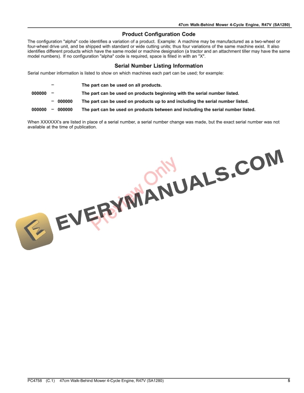 John Deere 47cm Walk-Behind Mower 4-Cycle Engine, R47V (SA1280) Parts Catalog PC4758 20JAN17-5