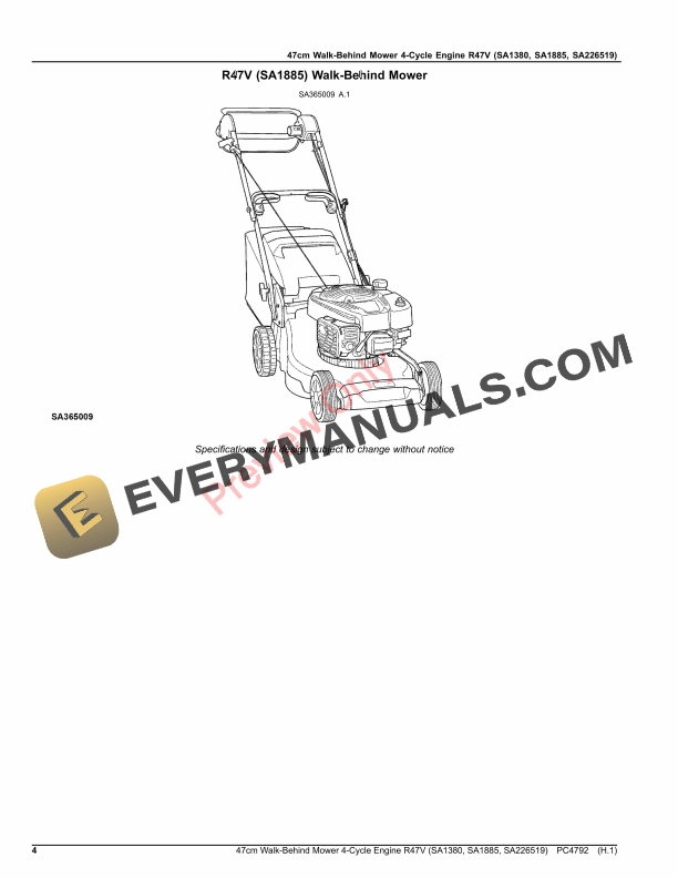 John Deere 47cm Walk-Behind Mower 4-Cycle Engine R47V (SA1380, SA1885, SA226519) Parts Catalog PC4792 26MAY20-4