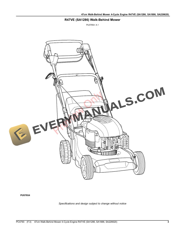 John Deere 47cm Walk-Behind Mower 4-Cycle Engine R47VE (SA1286, SA1886, SA226620) Parts Catalog PC4793 24JUL20-3