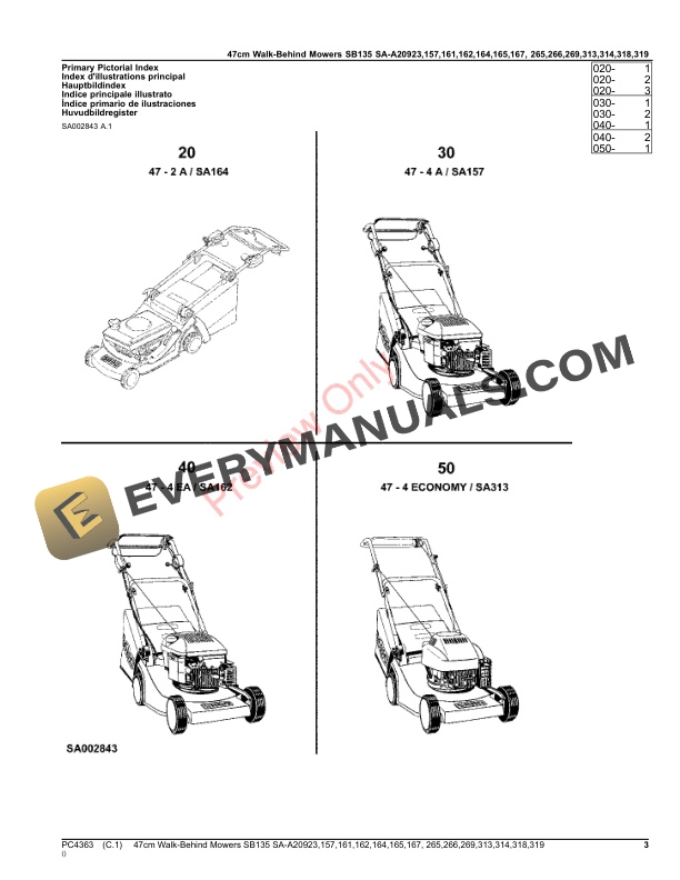 John Deere 47cm Walk-Behind Mowers 24-Cycle Engine SB135 SAA20923,SA157,SA161,SA162,SA164,SA165,SA167,SA265 Parts Catalog PC4363 03OCT16 4 John Deere 47cm Walk-Behind Mowers 24-Cycle Engine SB135 SAA20923,SA157,SA161,SA162,SA164,SA165,SA167,SA265 Parts Catalog PC4363 03OCT16-3