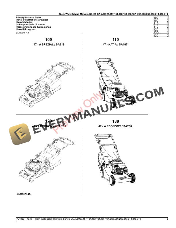 John Deere 47cm Walk-Behind Mowers 24-Cycle Engine SB135 SAA20923,SA157,SA161,SA162,SA164,SA165,SA167,SA265 Parts Catalog PC4363 03OCT16 6 John Deere 47cm Walk-Behind Mowers 24-Cycle Engine SB135 SAA20923,SA157,SA161,SA162,SA164,SA165,SA167,SA265 Parts Catalog PC4363 03OCT16-5