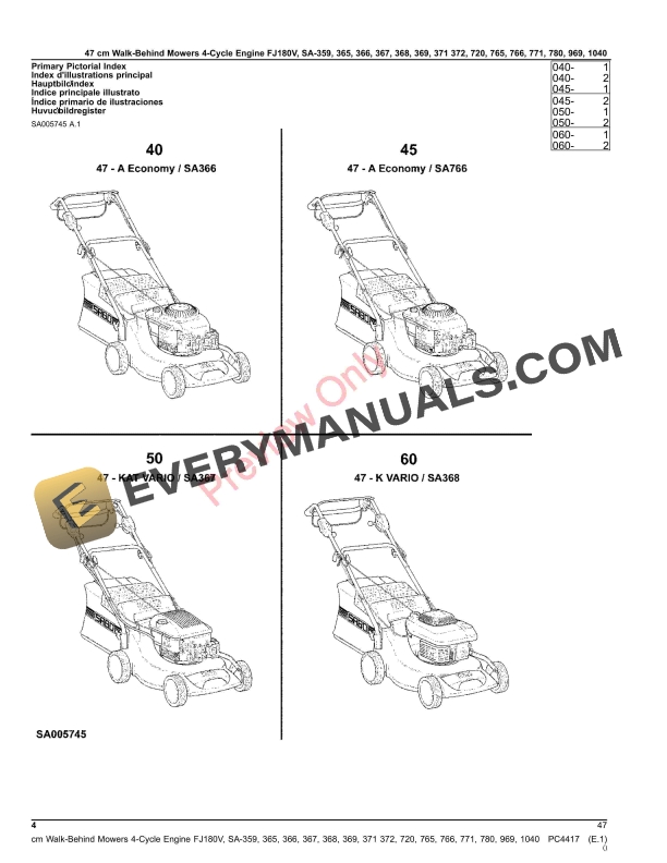 John Deere 47cm Walk-Behind Mowers 4-Cycle Engine FJ180V, SA359, SA365, SA366, SA367, SA368, SA369, SA371, S Parts Catalog PC4417 21MAR23-4