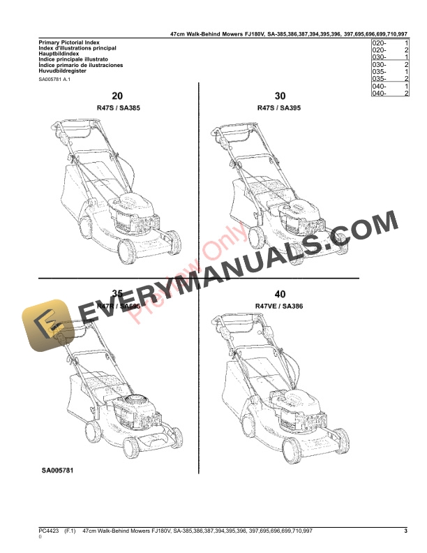 John Deere 47cm Walk-Behind Mowers 4-Cycle Engine FJ180V, SA385,SA386,SA387,SA394,SA395,SA396,SA397,SA695,SA Parts Catalog PC4423 31JAN23-3