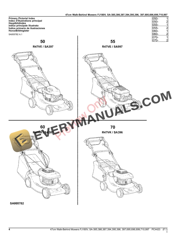 John Deere 47cm Walk-Behind Mowers 4-Cycle Engine FJ180V, SA385,SA386,SA387,SA394,SA395,SA396,SA397,SA695,SA Parts Catalog PC4423 31JAN23-4