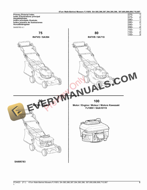 John Deere 47cm Walk-Behind Mowers 4-Cycle Engine FJ180V, SA385,SA386,SA387,SA394,SA395,SA396,SA397,SA695,SA Parts Catalog PC4423 31JAN23-5