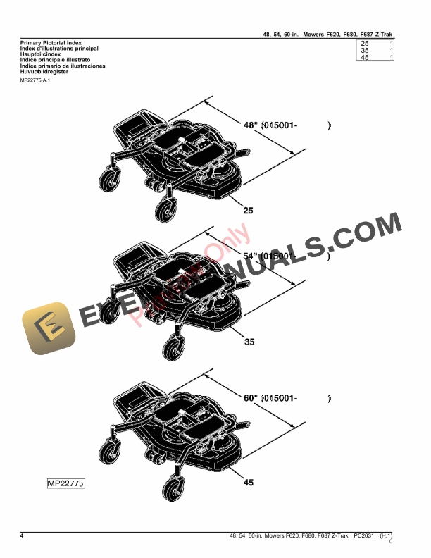 John Deere 48 inch, 54 inch and 60 inch Mower Decks for F620, F680 and F687 Z Parts Catalog PC2631 21NOV23-4
