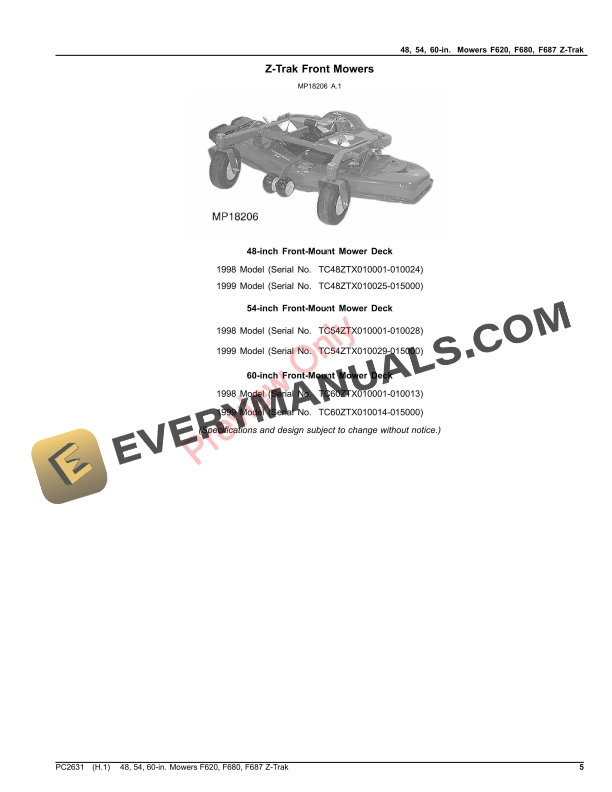 John Deere 48 inch, 54 inch and 60 inch Mower Decks for F620, F680 and F687 Z Parts Catalog PC2631 21NOV23-5