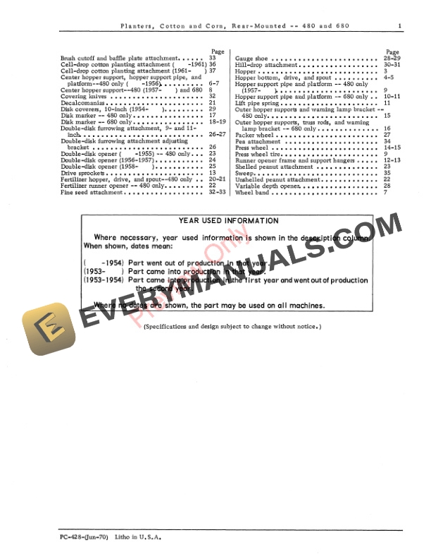 John Deere 480, 680 Cotton and Corn Planter Parts Catalog PC428 01JUN70-3