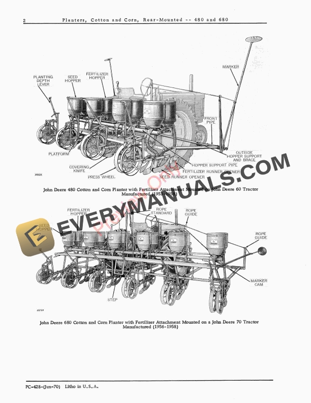 John Deere 480, 680 Cotton and Corn Planter Parts Catalog PC428 01JUN70-4