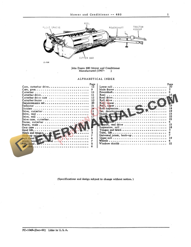 John Deere 480 Mower and Conditioner Parts Catalog PC1049 01DEC68 3