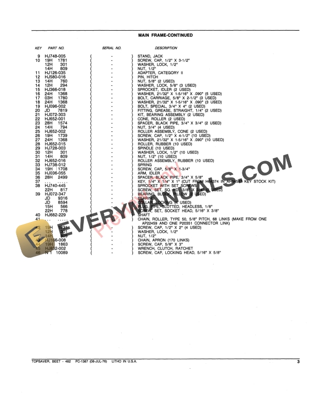John Deere 482 Beet Topsaver Parts Catalog PC1387 08JUL76-5