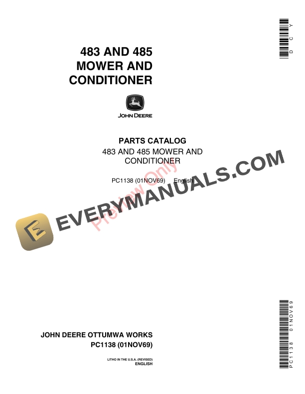 John Deere 483, 485 Mower and Conditioner Parts Catalog PC1138 01NOV69-1