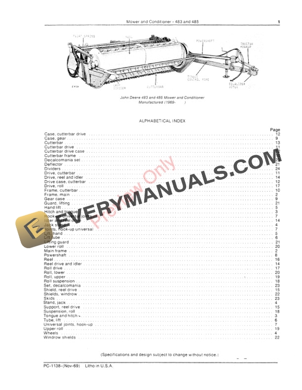 John Deere 483 485 Mower and Conditioner Parts Catalog PC1138 01NOV69 3