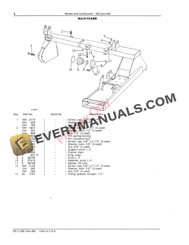 John Deere 483 485 Mower and Conditioner Parts Catalog PC1138 01NOV69 4