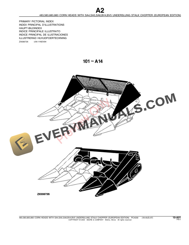 John Deere 483-883 Corn Heads wUnderslung Stalk Chopper Parts Catalog PC4230 01AUG97-3