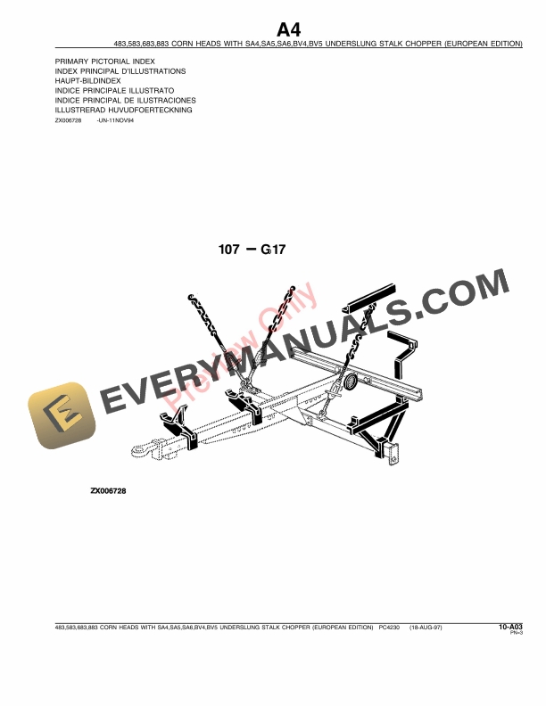 John Deere 483-883 Corn Heads wUnderslung Stalk Chopper Parts Catalog PC4230 01AUG97-5