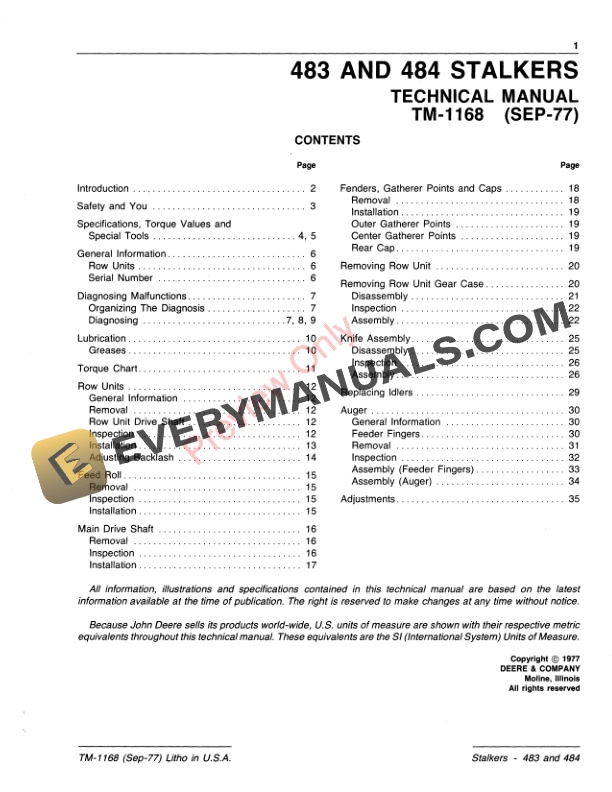 John Deere 483 and 484 Stalkers Technical Manual TM1168 01SEP77 3