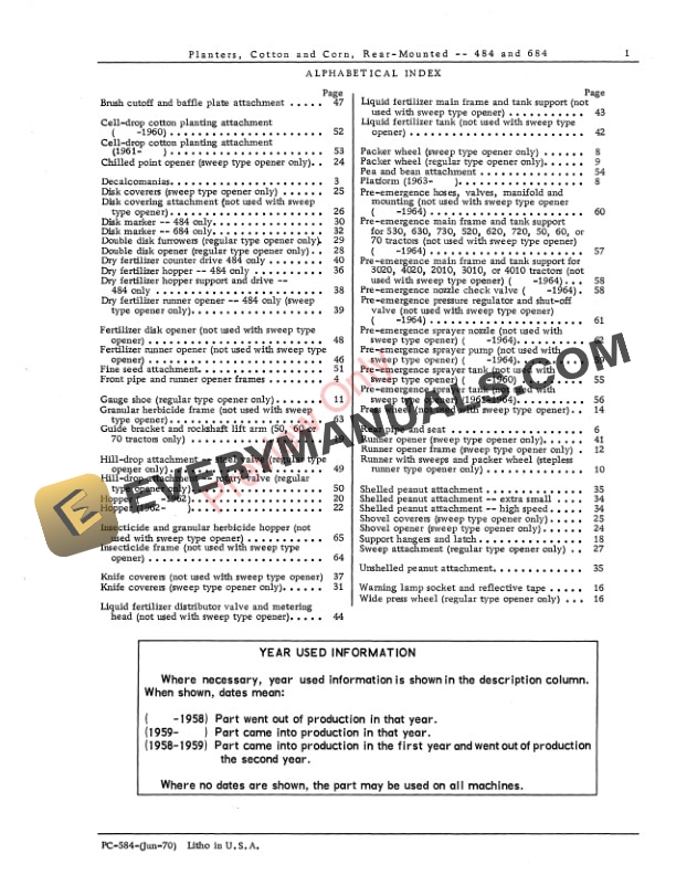 John Deere 484, 684 Cotton and Corn Planter Parts Catalog PC584 01JUN70-3