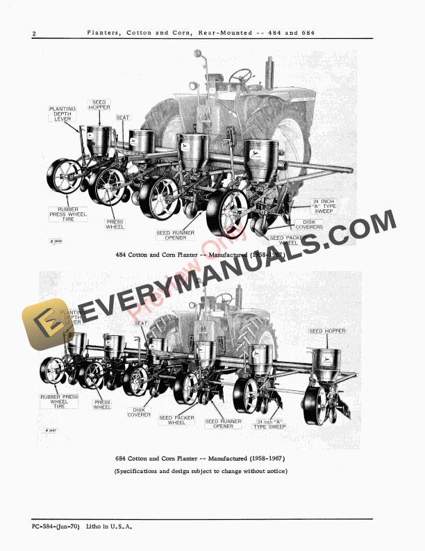 John Deere 484, 684 Cotton and Corn Planter Parts Catalog PC584 01JUN70-4