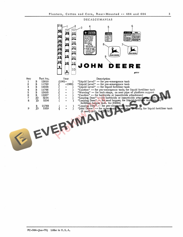 John Deere 484, 684 Cotton and Corn Planter Parts Catalog PC584 01JUN70-5