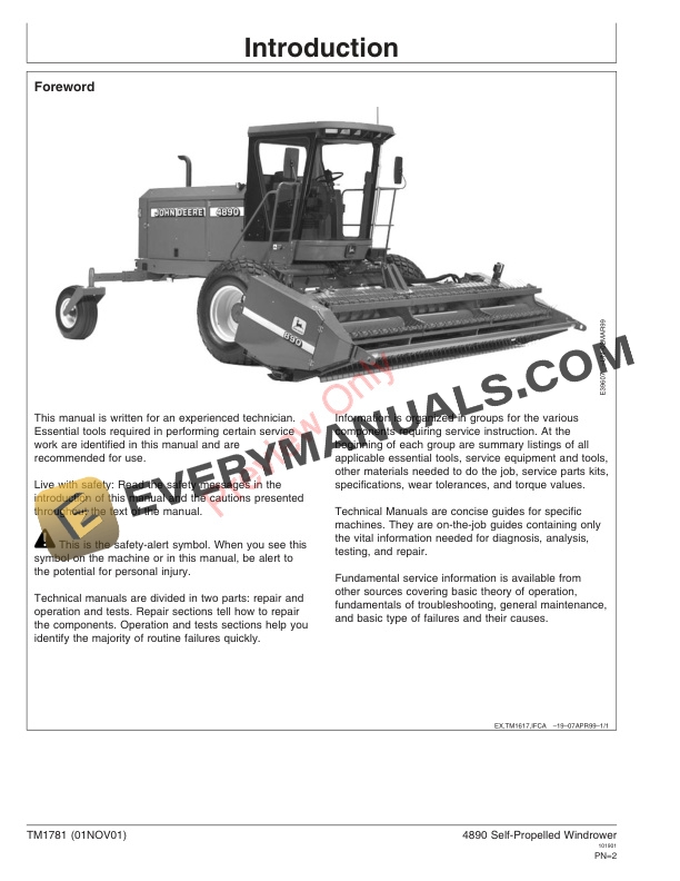 John Deere 4890 Self Propelled Windrowers Technical Manual TM1781 01NOV01 2