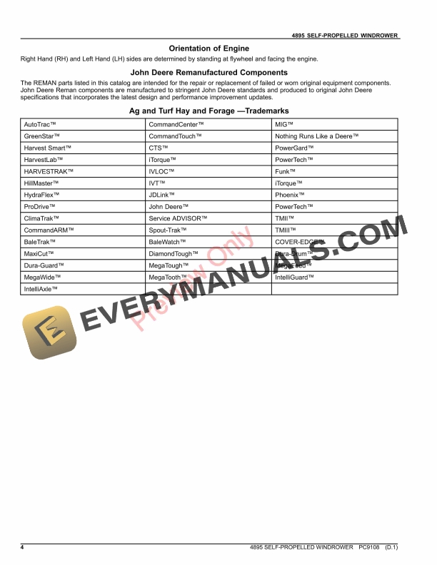 John Deere 4895 WINDROWER Parts Catalog PC9108 14SEP23-4