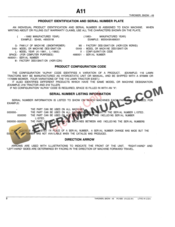 John Deere 49 Inch Snow Throwers Parts Catalog PC1080 15JUL91 4