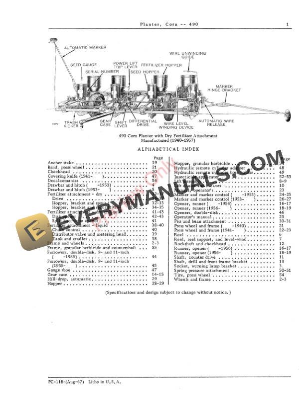 John Deere 490 Corn Planter Parts Catalog PC118 01AUG67 3