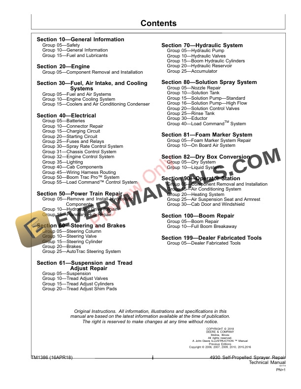 John Deere 4930 Self Propelled Sprayers Repair Technical Manual TM1386 16APR18 3