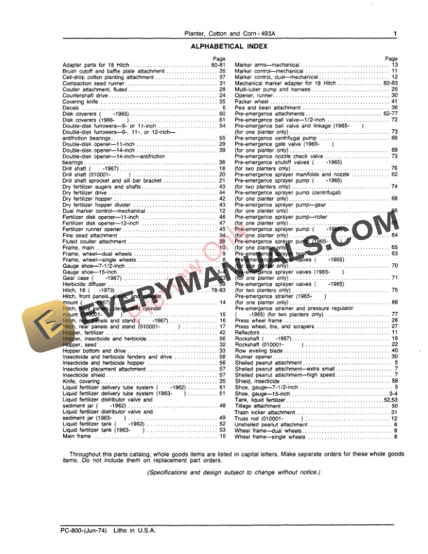 John Deere 493A Cotton and Corn Planter Parts Catalog PC800 01MAR77-3